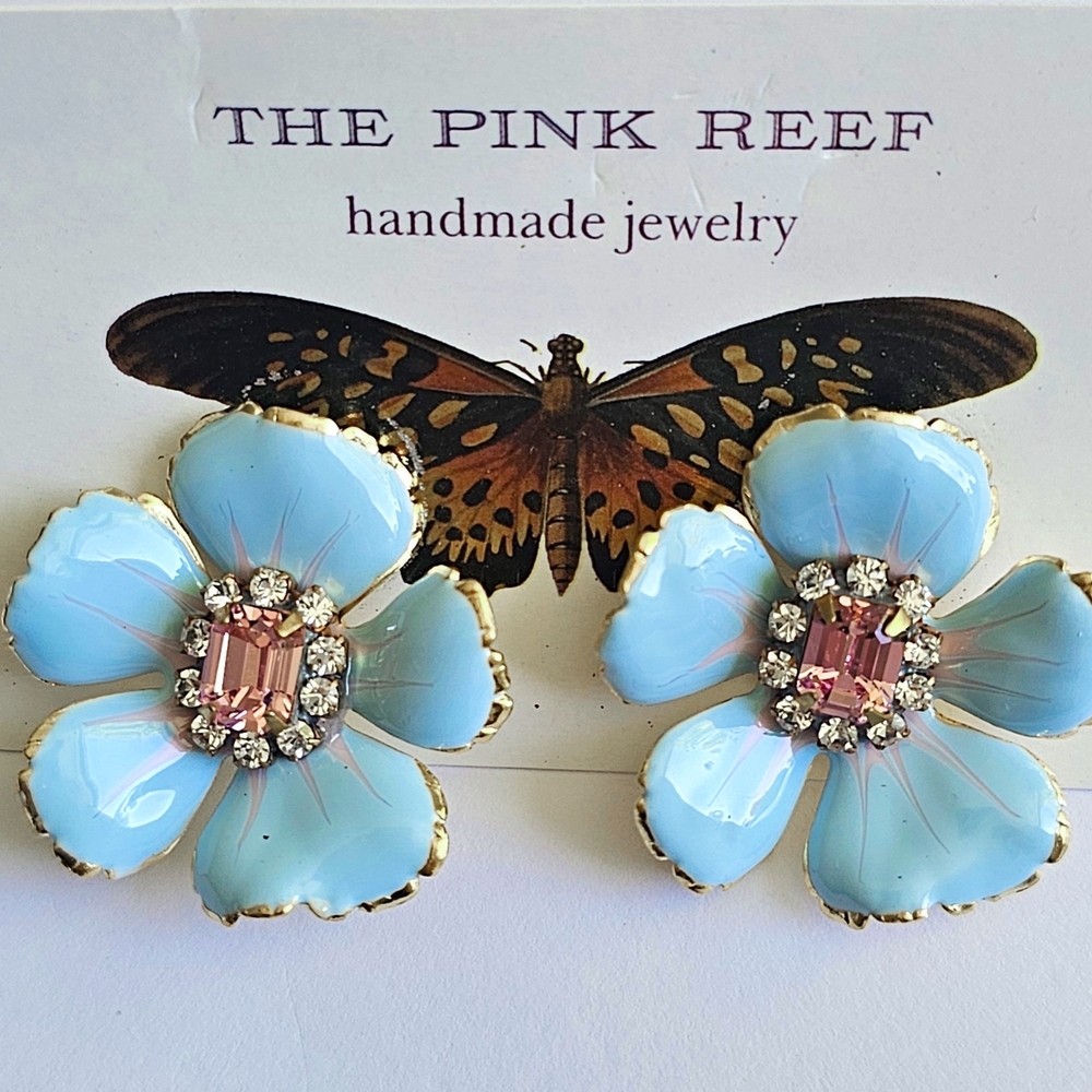 Blue and Pink Floral Pierced Earrings